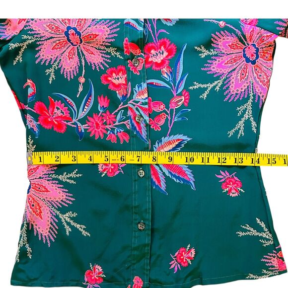 Franck Olivier Paris 1970s Silk Blouse French Size 40 Green Floral Dagger Collar - Picture 8 of 11